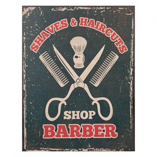 Targa in metallo SHAVES & HAIRCUTES - SHOP BARBER - cm 30x40